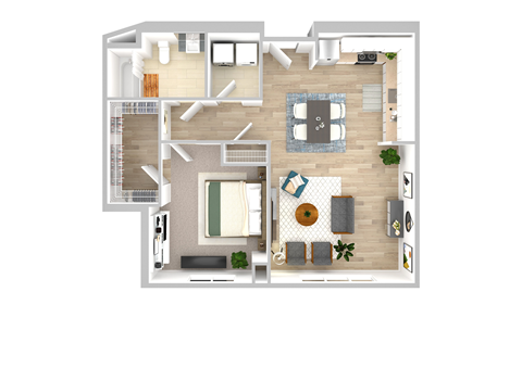 One Bedroom One Bathroom Staged 3D Floor Plan.at The Bodhi at Island Creek Village, Duxbury, MA 02332